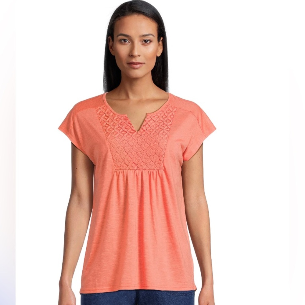 RealSize Womens Semi Loose Top Size 3X 22W to 24W Coral Crocheted Neckline NWOT